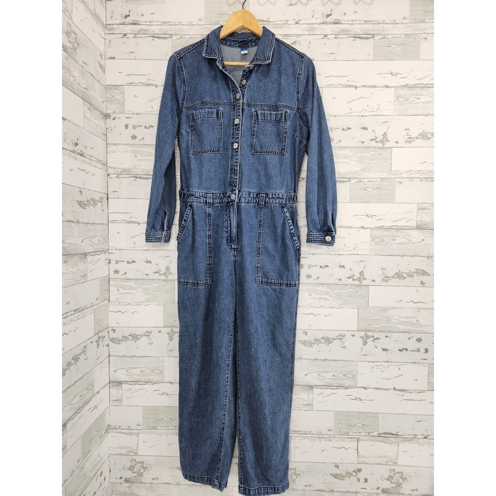 Old Navy M Long Sleeve Medium Wash Utility Jean Jumpsuit Blue
